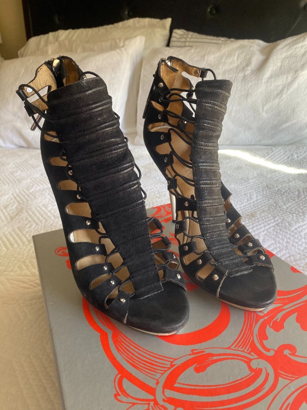 L.A.M.B. Black Cage Gladiator Heels - Size 8